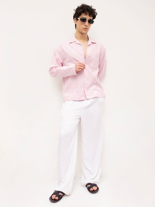 Soft Pink Linen Blend Notch Collar Oversized Shirt