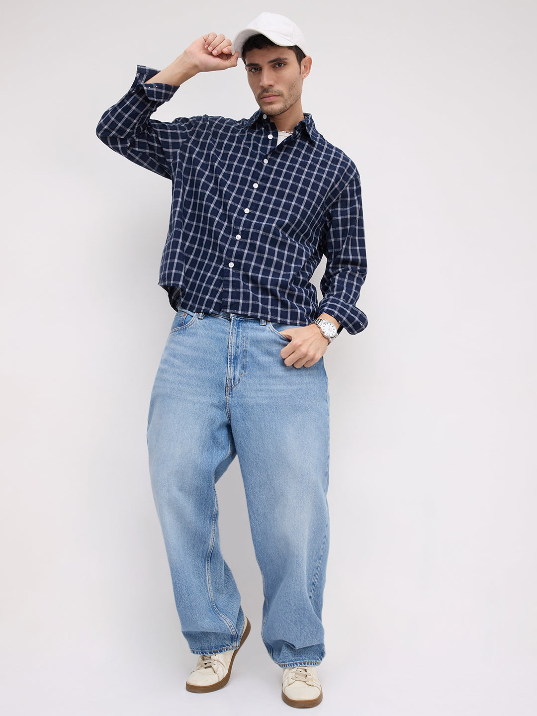 Elevated Navy Heathered Checks Boxy Fit Crop Shirt