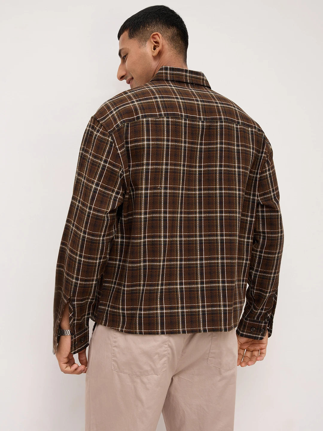 Rustic Brown Grid Framework Boxy Fit Crop Shirt
