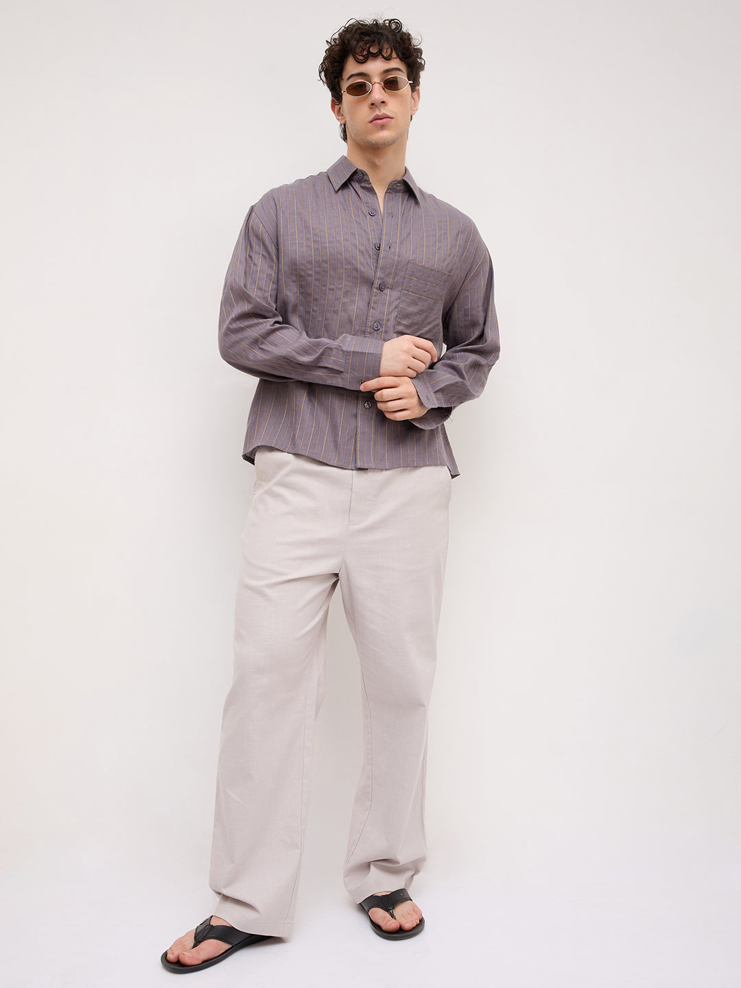 Luxe Purple & Gold Striped Linen Blend Boxy Fit Crop Shirt
