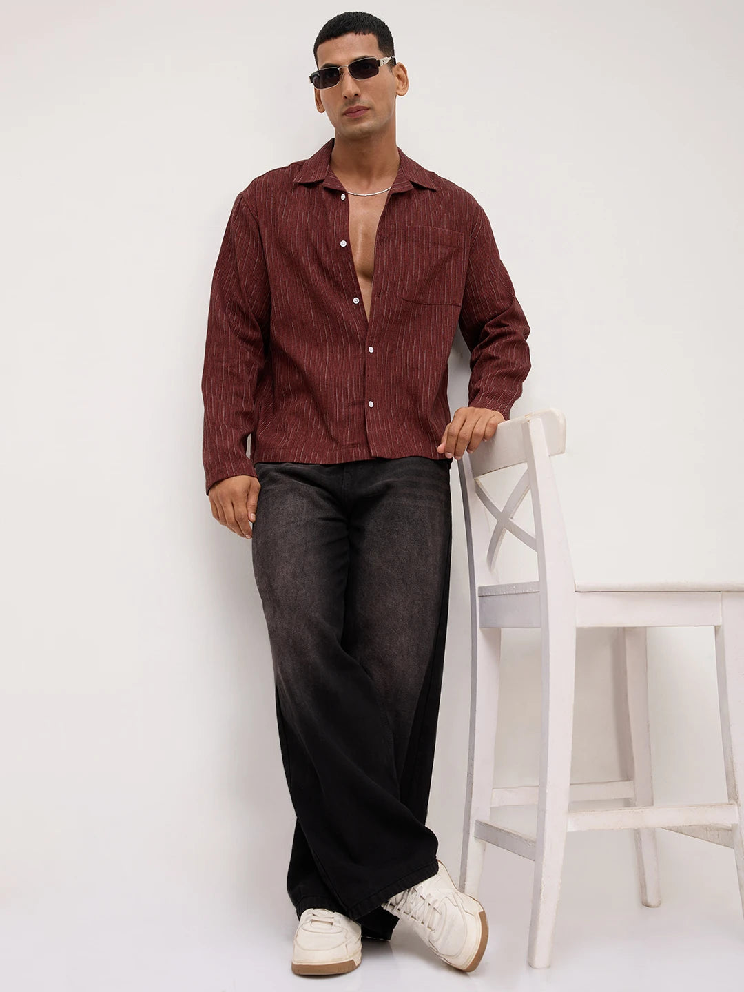 Elegant Maroon Multi-Stripe Weave Oversized Notch Collar Shirt
