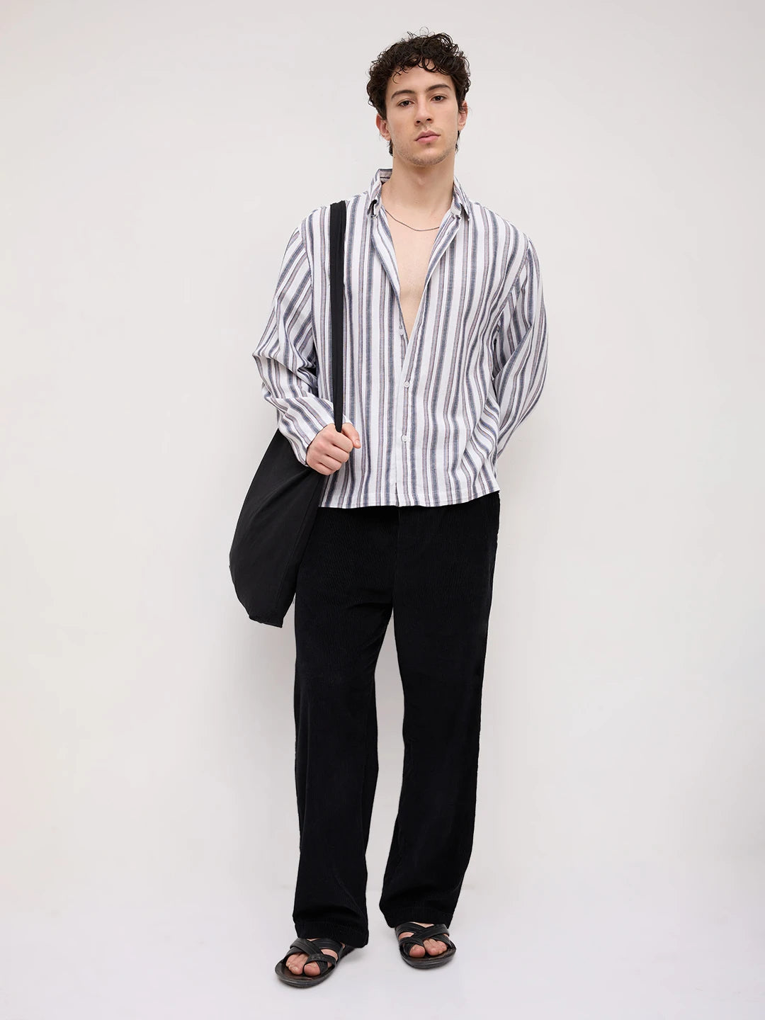 White & Navy Multistriped Cuffless Oversized Shirt