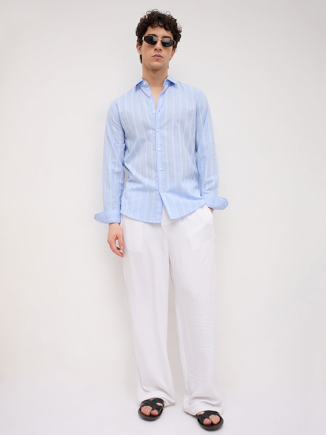 Powder Blue Sheer Windowpane Checks Textured Weave Shirt