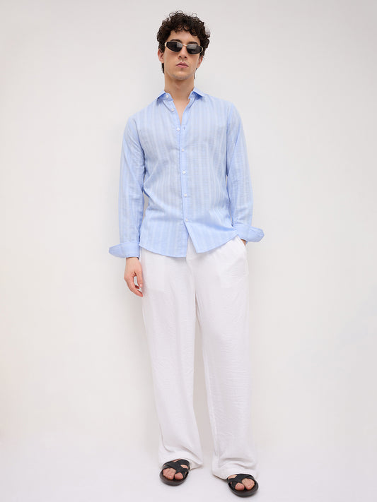 Powder Blue Sheer Windowpane Checks Textured Weave Shirt