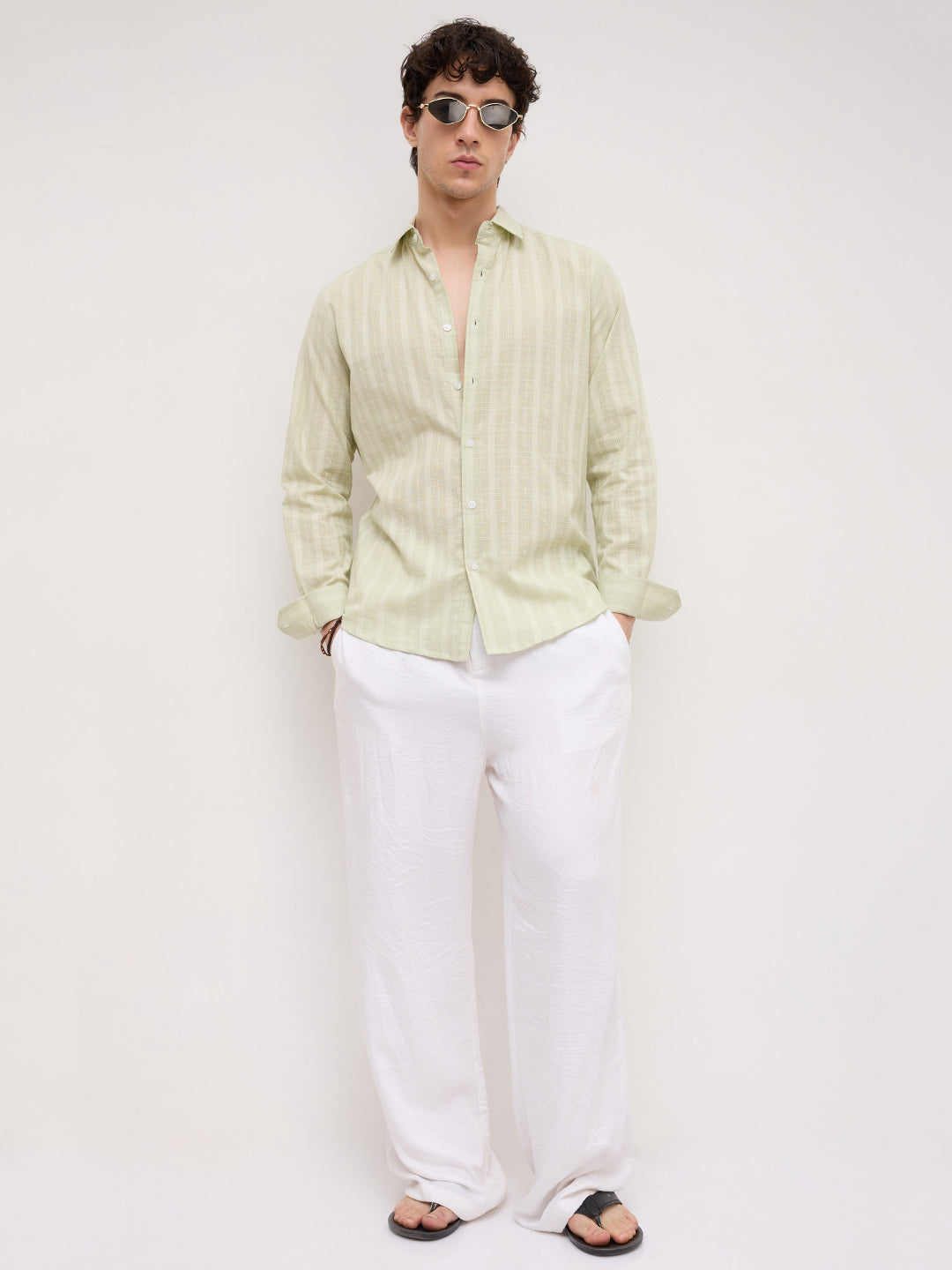 Pistachio Green Sheer Windowpane Checks Textured Weave Shirt