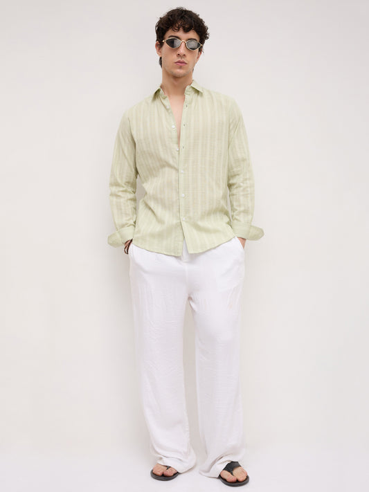 Pistachio Green Sheer Windowpane Checks Textured Weave Shirt