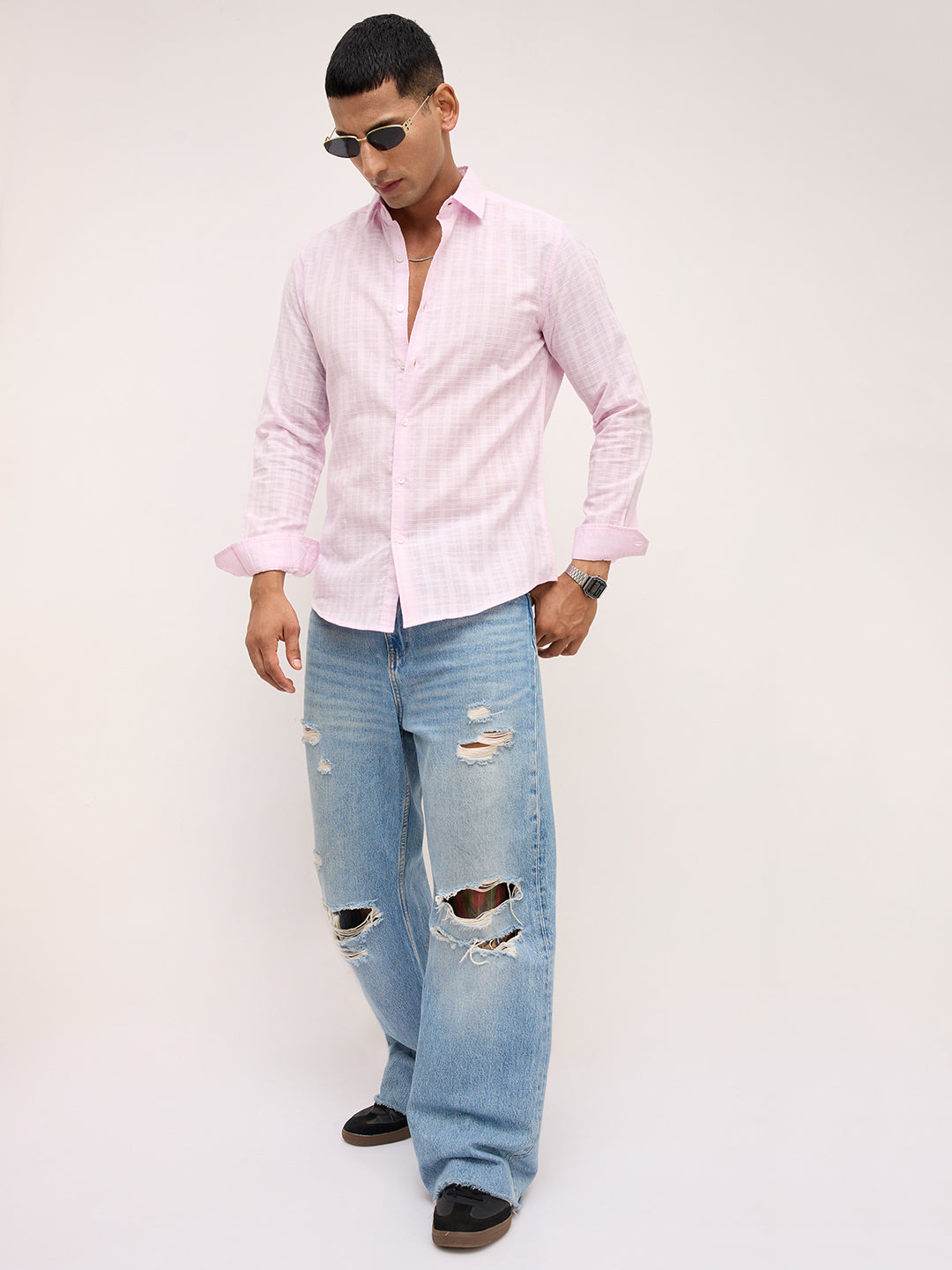 Soft Blush Pink Sheer Windowpane Checks Textured  Weave Shirt