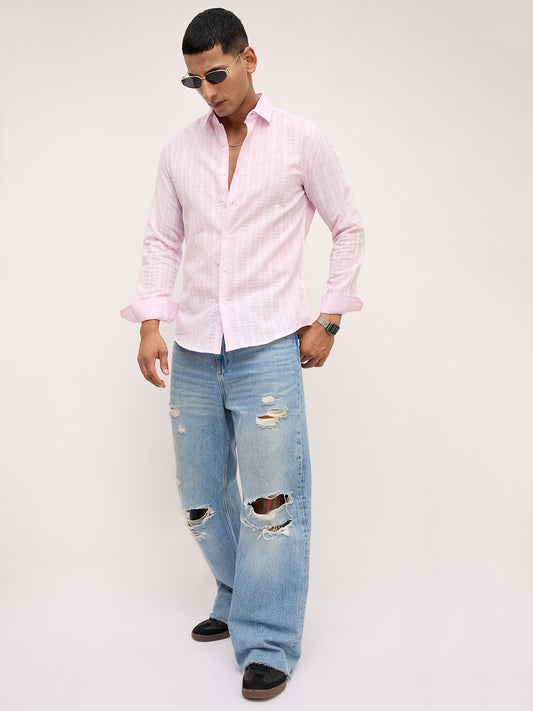 Soft Blush Pink Sheer Windowpane Checks Textured  Weave Shirt