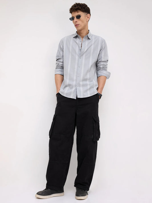 Bluish Grey Textured Striped Weave Shirt