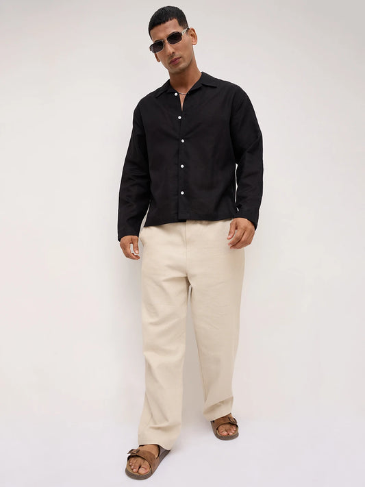 Luxe Black Linen Blend Notch Collar Oversized Shirt