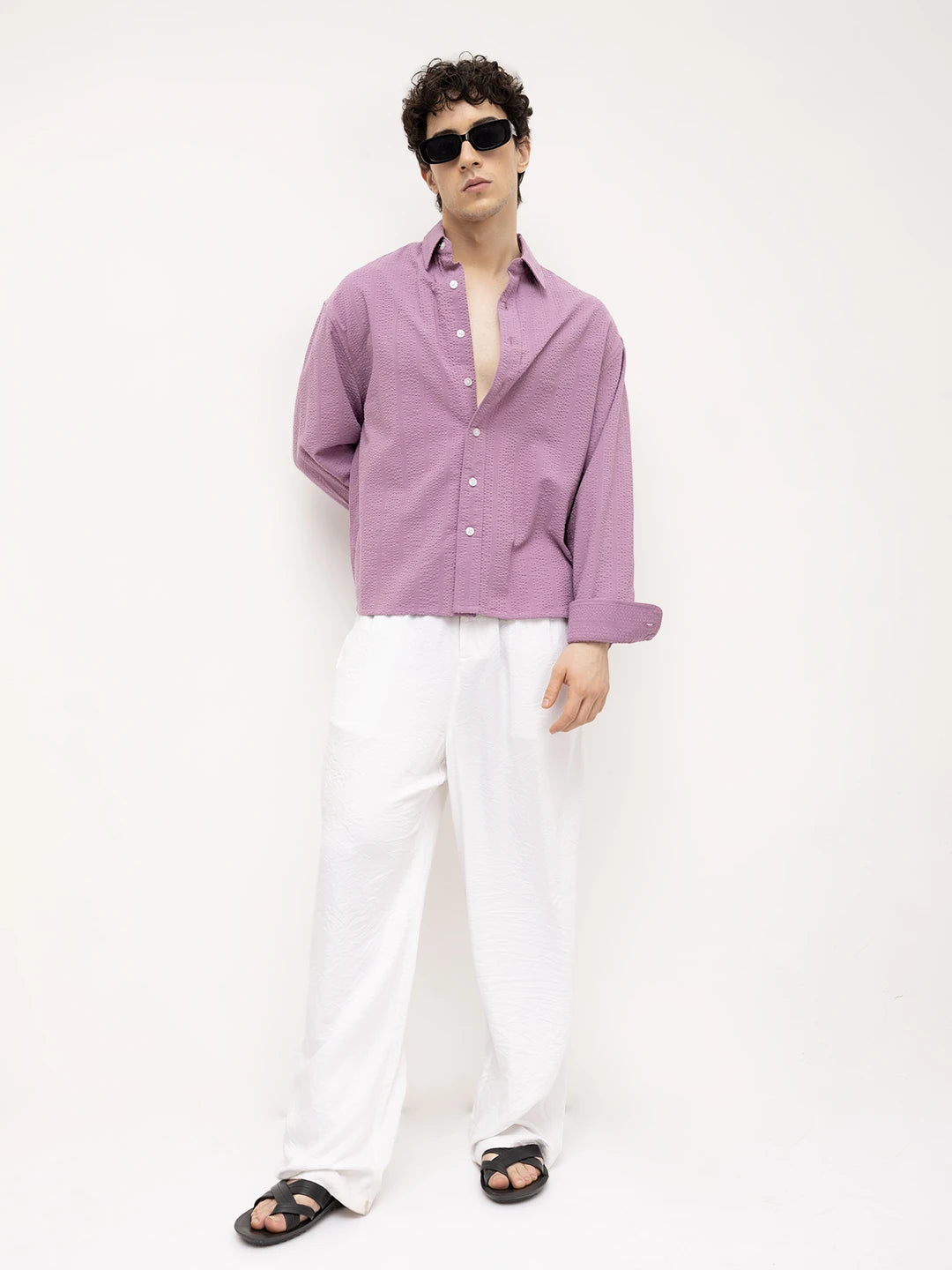 Luxury Purple Seersucker Striped Boxy Fit Crop Shirt