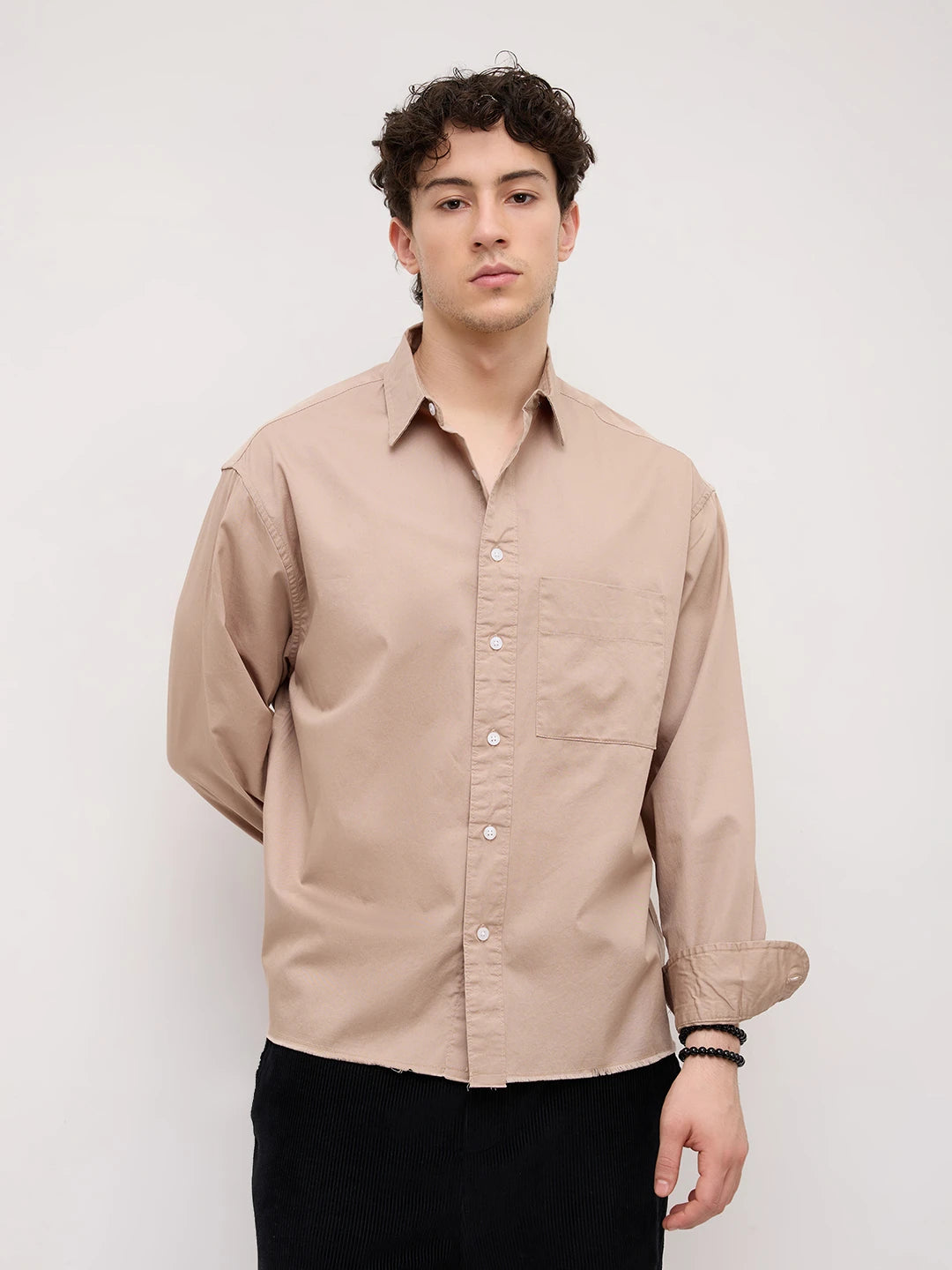 Classic Sand Beige Boxy Fit Crop Shirt
