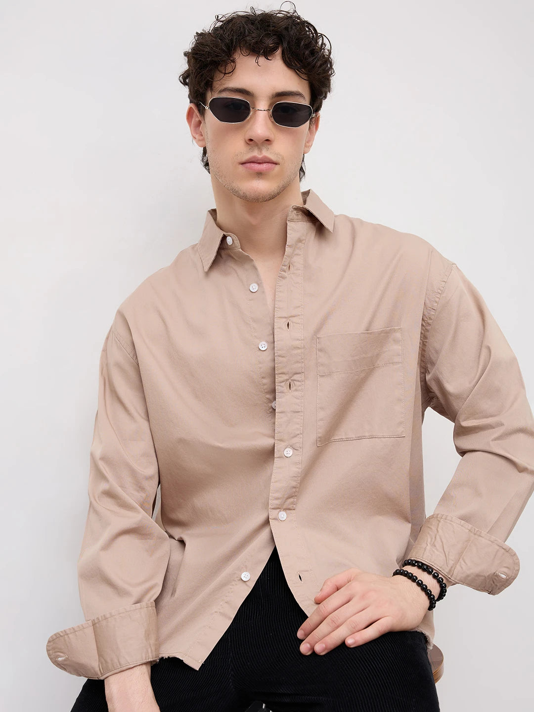 Classic Sand Beige Boxy Fit Crop Shirt