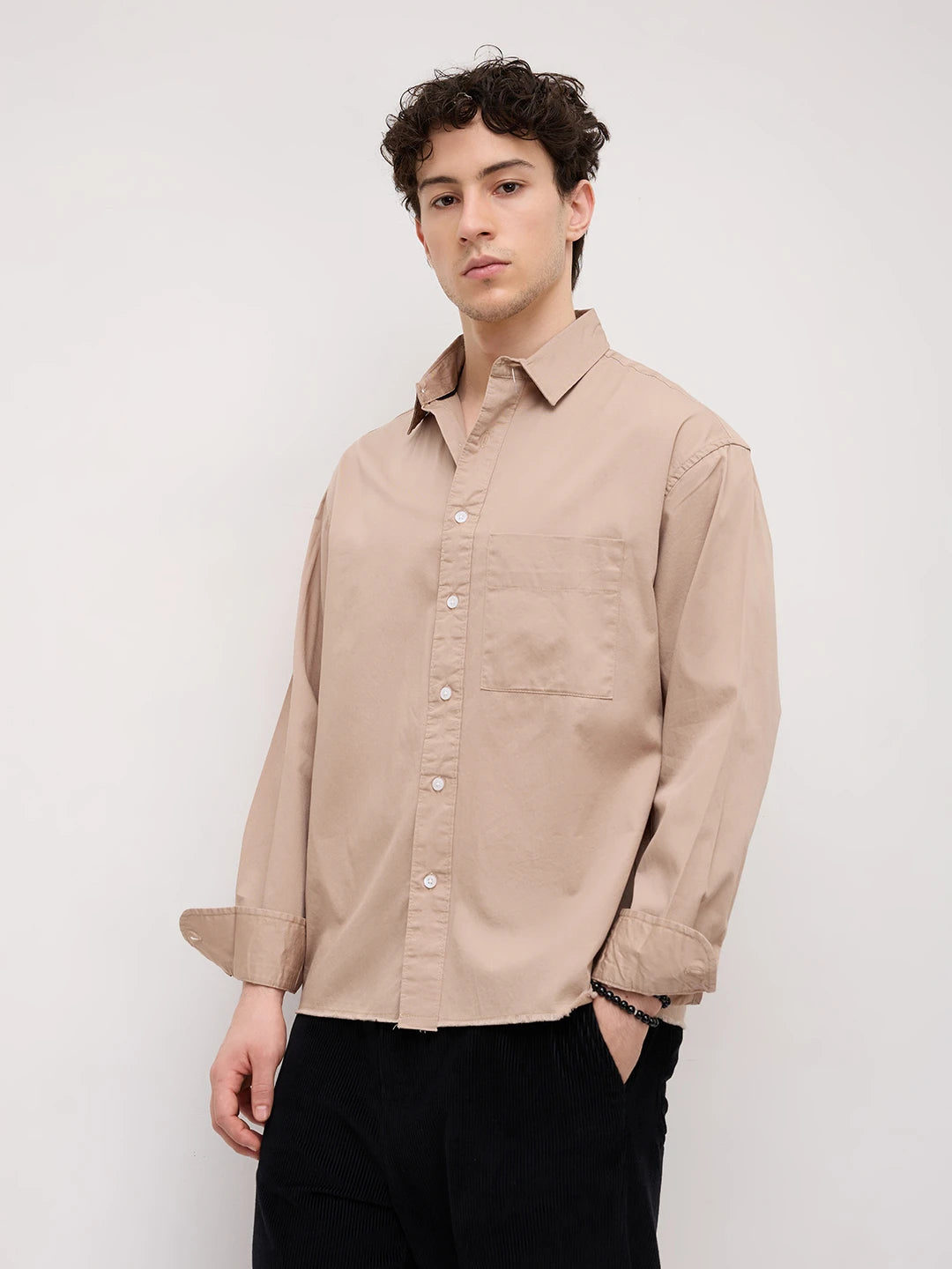 Classic Sand Beige Boxy Fit Crop Shirt