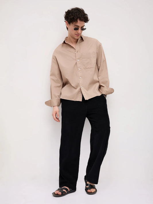 Classic Sand Beige Boxy Fit Crop Shirt