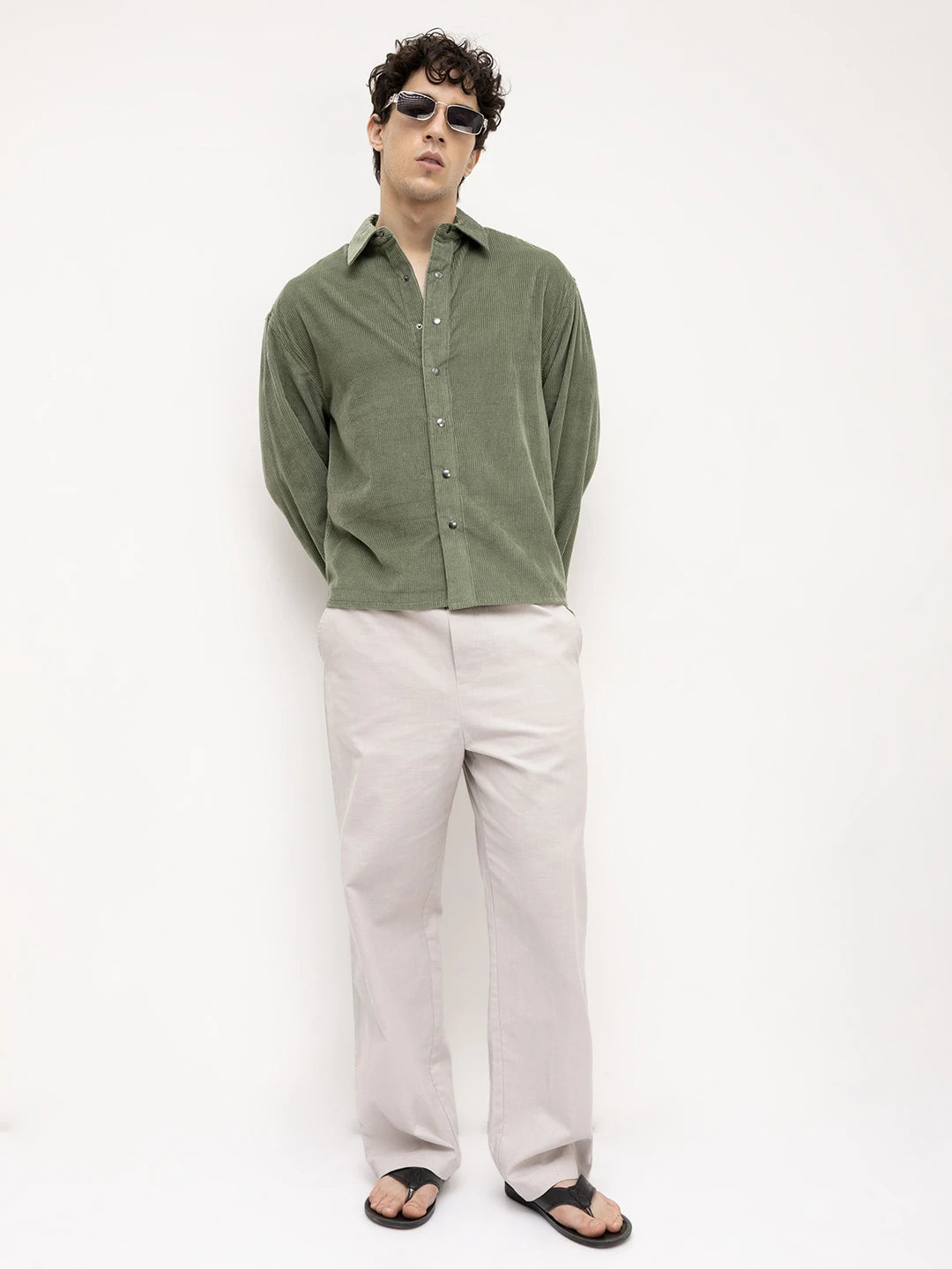 Green Mossline Structured Corduroy Boxy Fit Crop Shirt