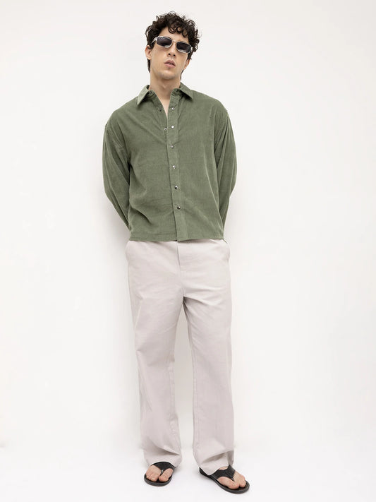 Green Mossline Structured Corduroy Boxy Fit Crop Shirt