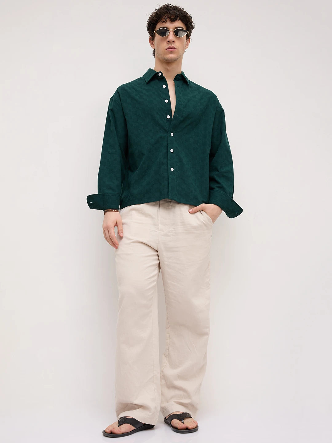 Emerald Green Square Weave Boxy Fit Crop Shirt