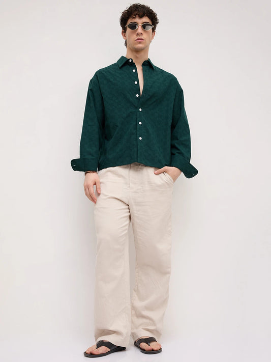 Emerald Green Square Weave Boxy Fit Crop Shirt