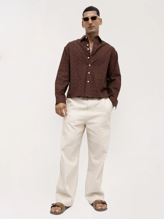 Coffee Brown Square Weave Boxy Fit Crop Shirt