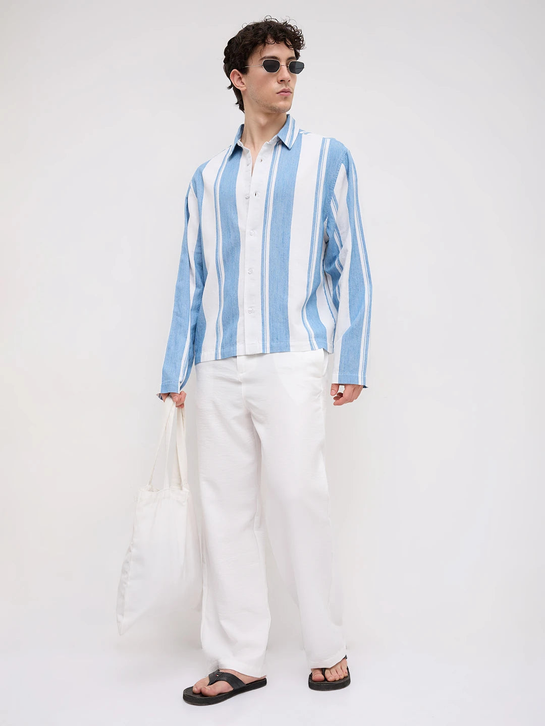 Denim Broad Stripes Oversized Cuffless Shirt