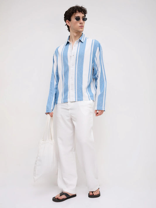 Denim Broad Stripes Oversized Cuffless Shirt