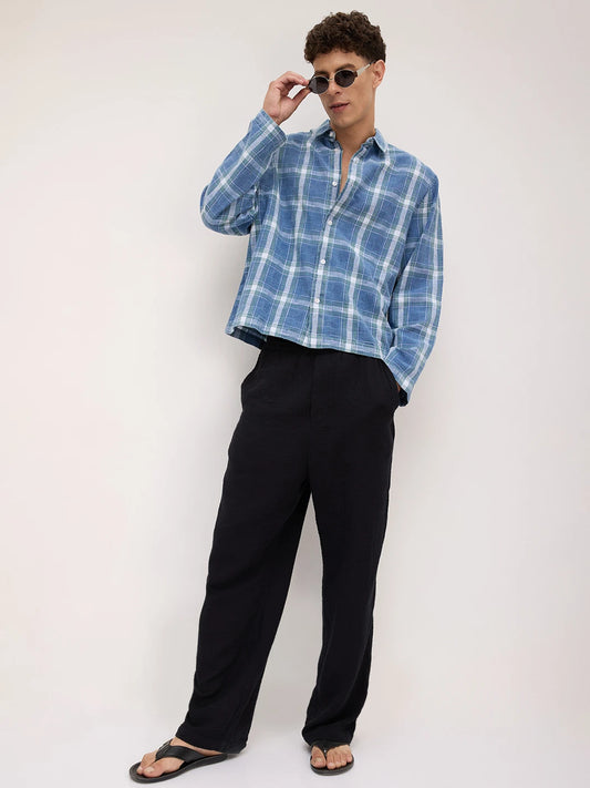 Timeless Denim Plaid Checks Cuffless Oversized Shirt