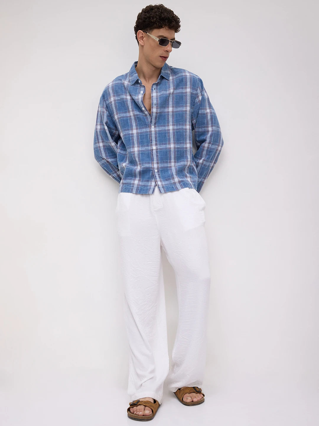 Timeless Denim Plaid Checks Cuffless Oversized Shirt