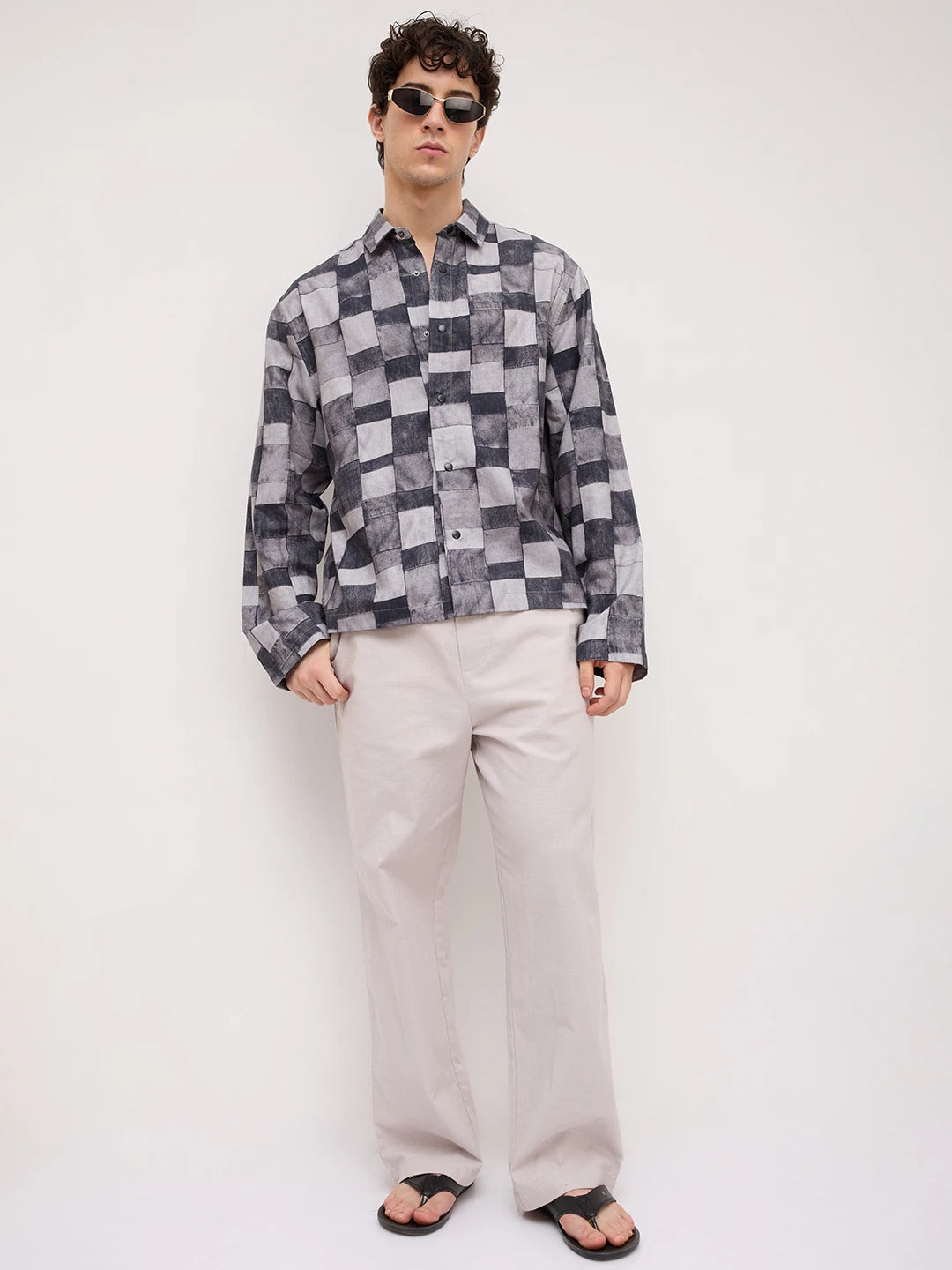 Graphite Grey Abstract Printed Cuffless Oversized Shirt