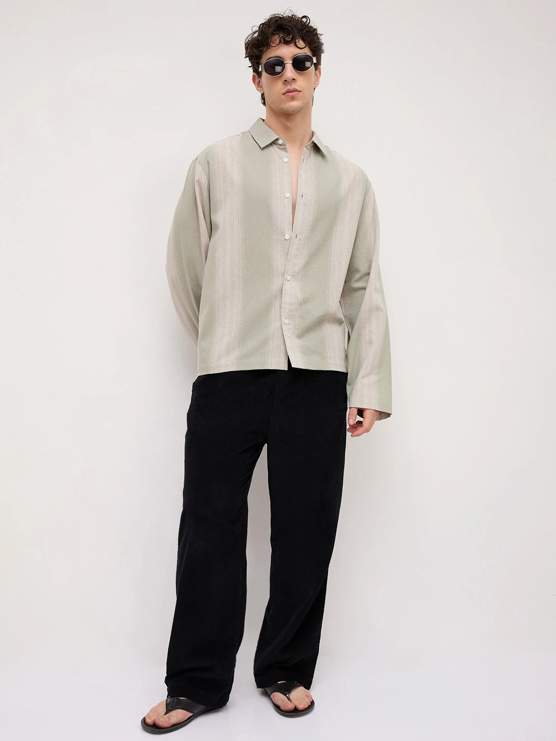 Mist Green Vertical Textured Cuffless Oversized Shirt