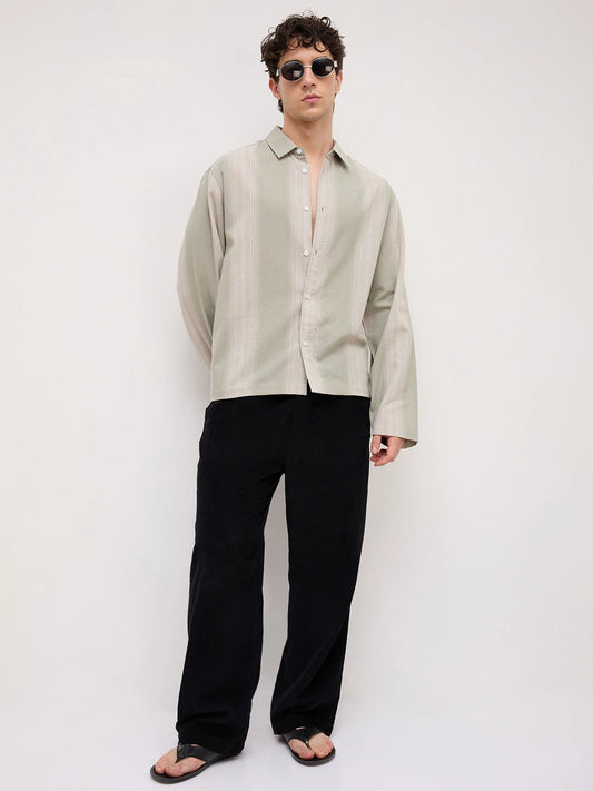 Mist Green Vertical Textured Cuffless Oversized Shirt