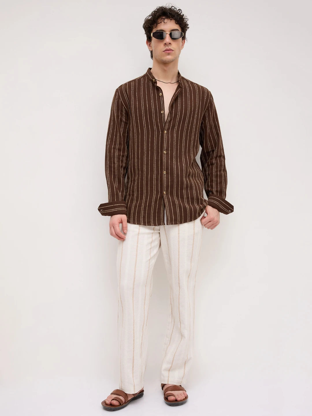 Brown & Beige Embroidered Striped Mandarin Shirt