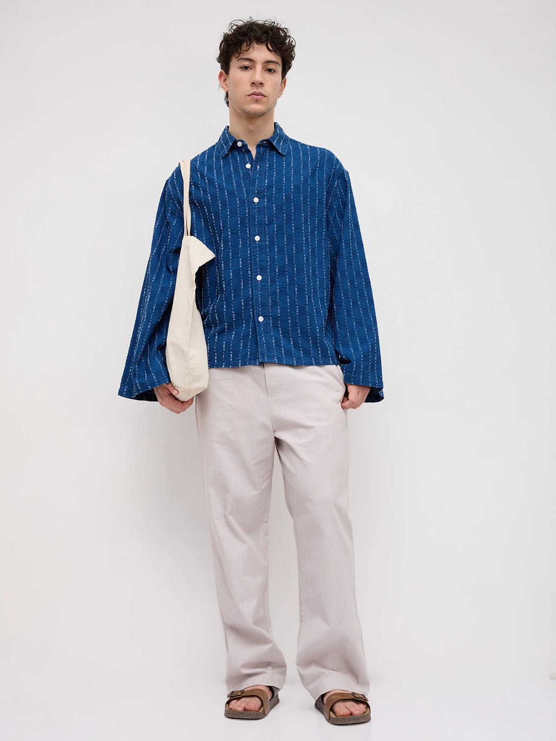 Luxe Denim Fine Textured Cuffless Oversized Crop Shirt