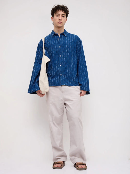 Luxe Denim Fine Textured Cuffless Oversized Crop Shirt