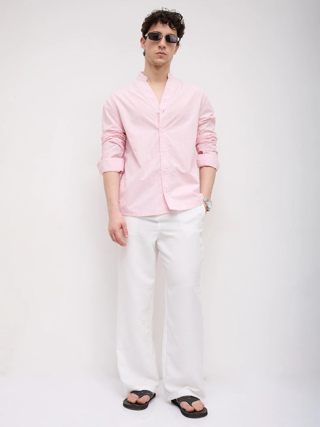 Baby Pink Pinstripe Stand Collar Oversized Shirt