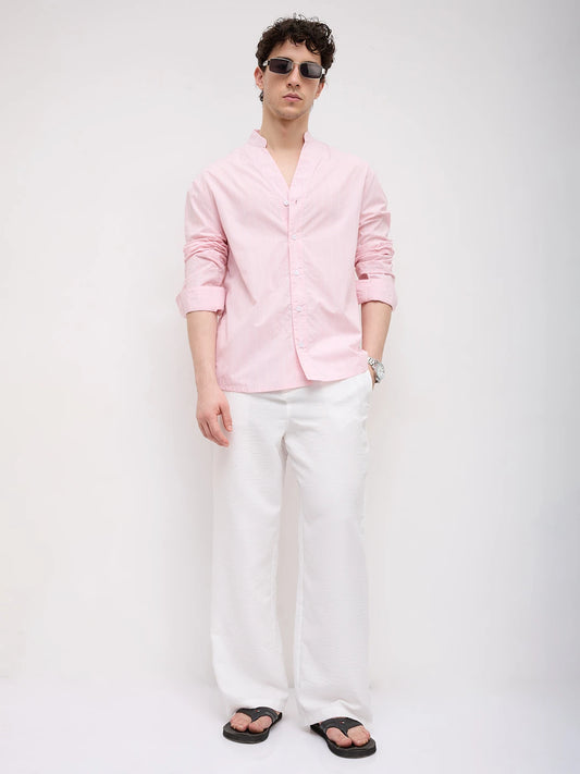 Baby Pink Pinstripe Stand Collar Oversized Shirt