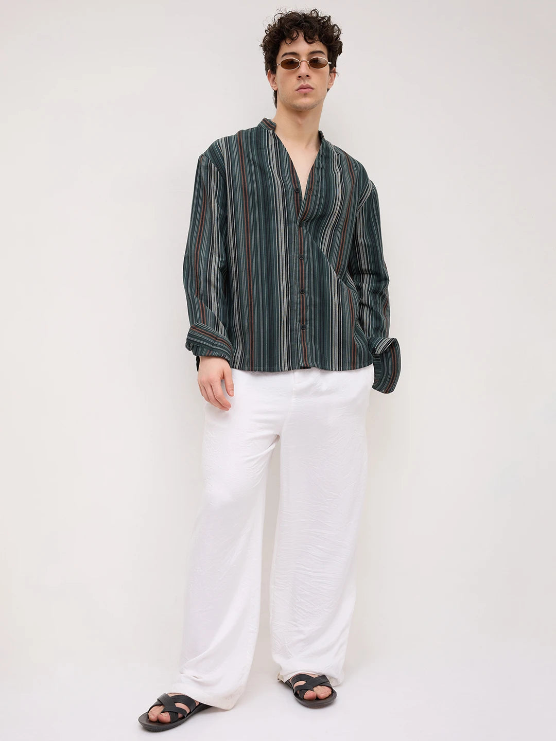 Evergreen Multi-Striped Stand Collar Oversized Shirt