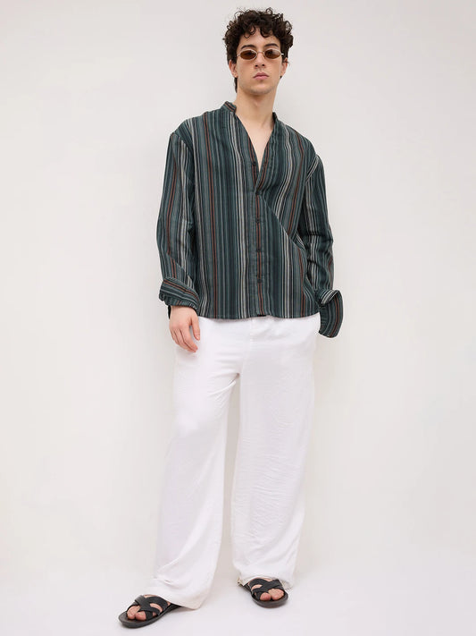 Evergreen Multi-Striped Stand Collar Oversized Shirt