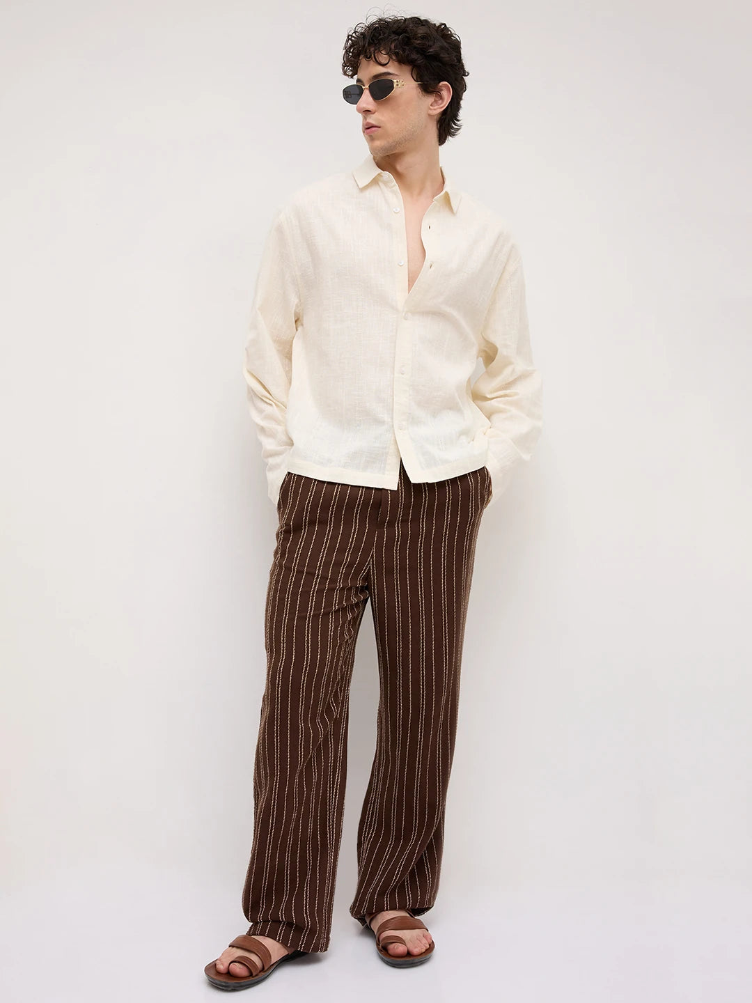 Ivory Sheer Striped Cuffless Oversized Shirt