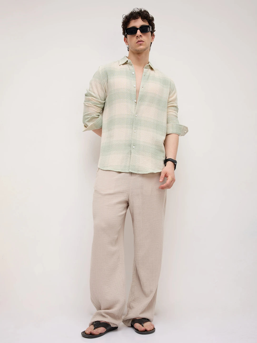 Soft Sage Honeycomb Grid Weave Shirt