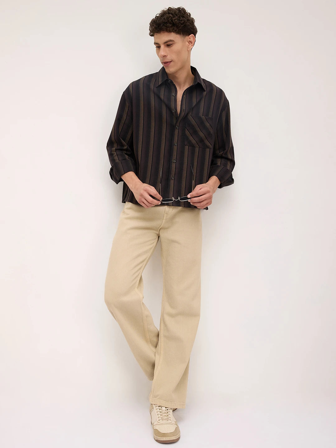 Twilight Brown Multi-Striped Boxy Fit Crop Shirt