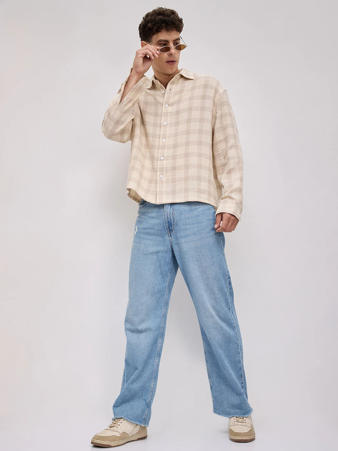 Sand Beige Honeycomb Grid Weave Boxy Fit Crop Shirt