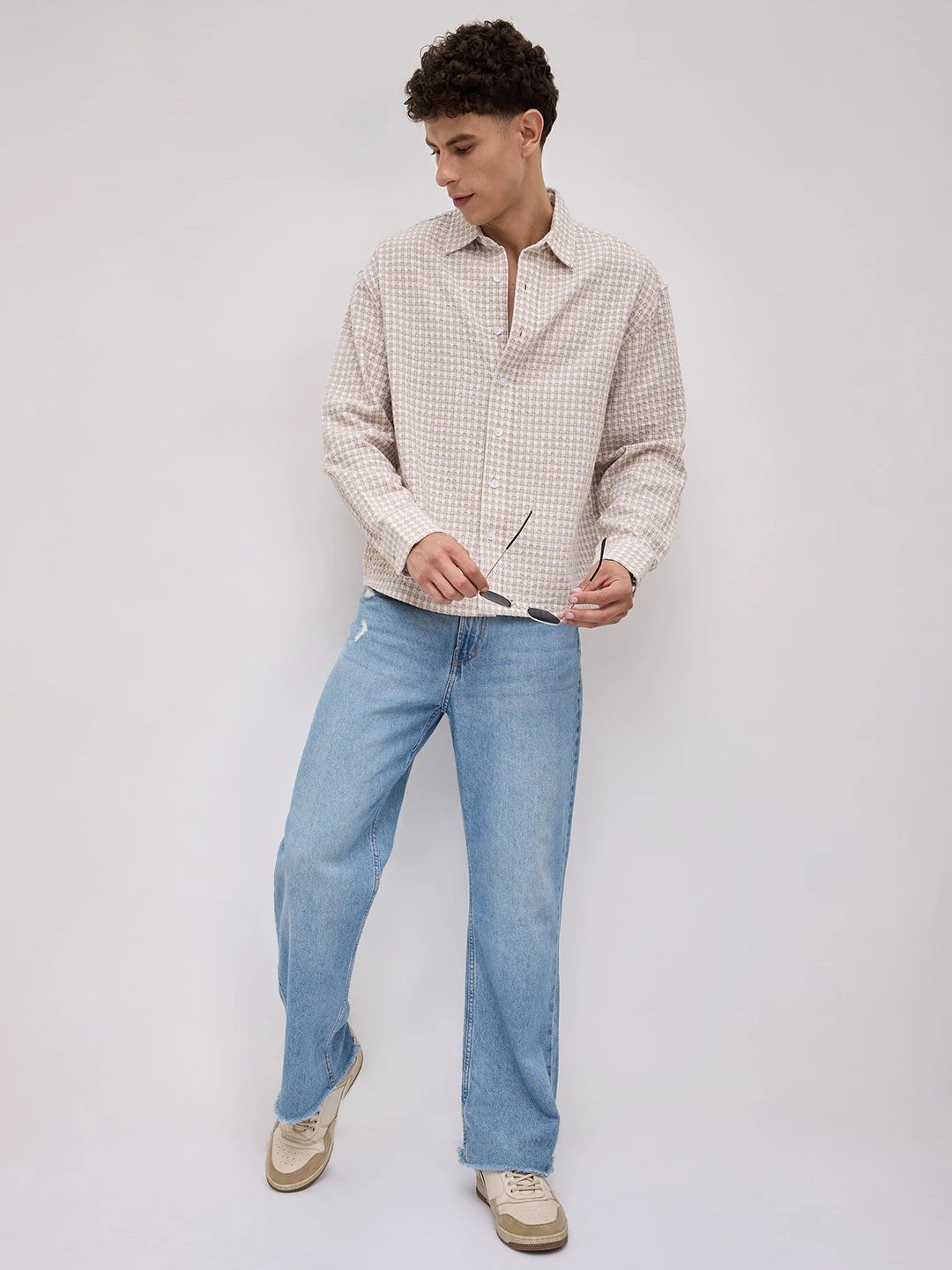 Beige Mosaic Textured Boxy Fit Crop Shirt