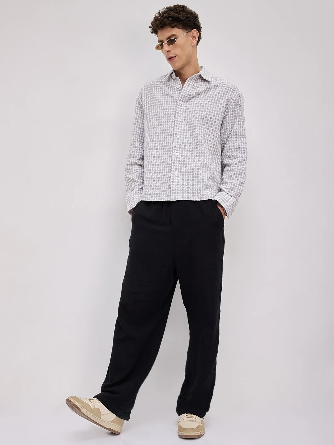Glacier Grey Mosaic Textured Boxy Fit Crop Shirt
