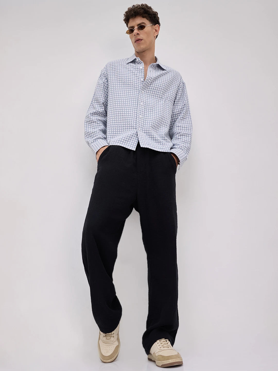Slate Blue Mosaic Textured Boxy Fit Crop Shirt