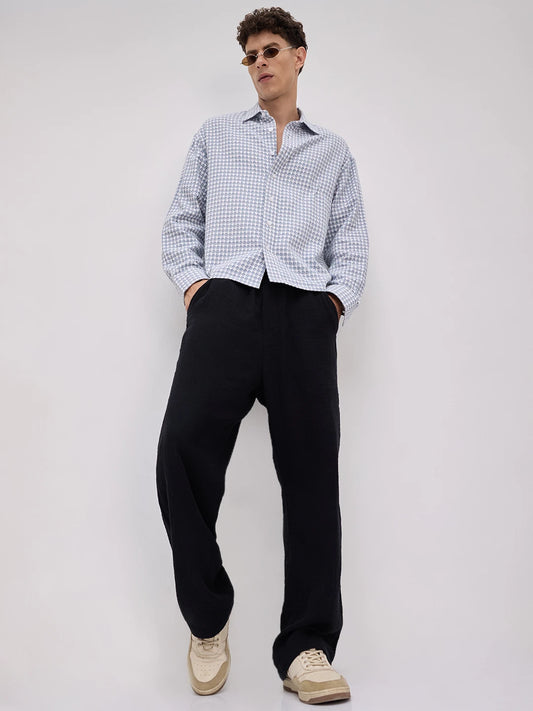 Slate Blue Mosaic Textured Boxy Fit Crop Shirt