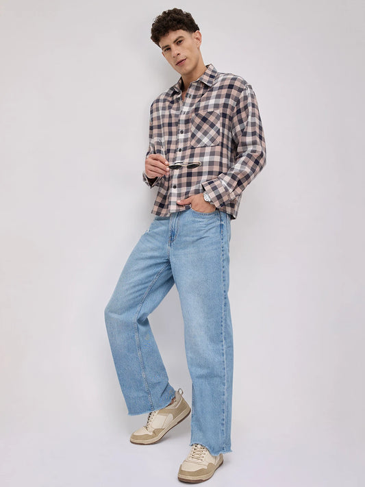 Vintage Multicolor Block Checks Boxy Fit Crop Shirt