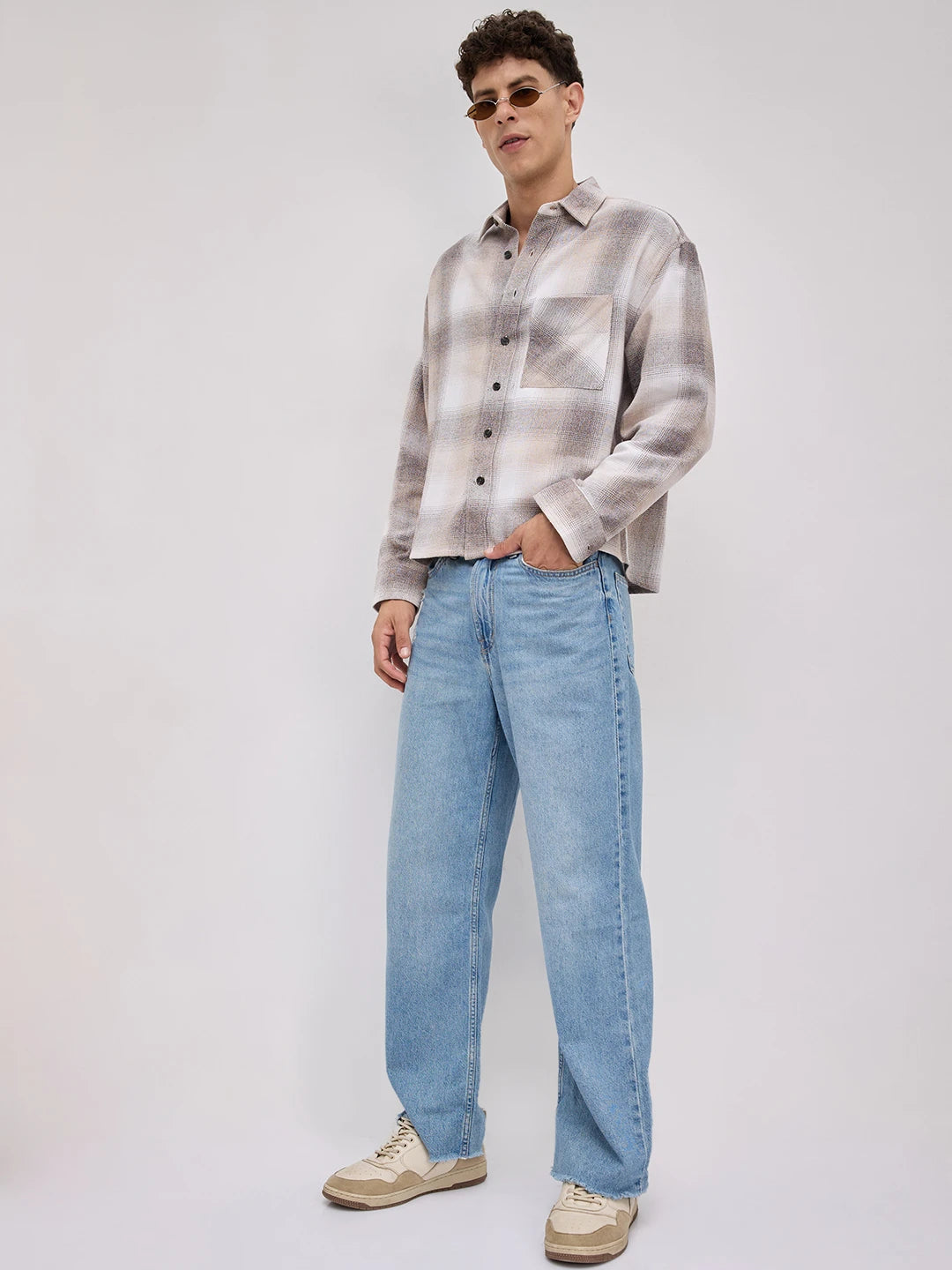 Beige Plaid Checks Boxy Fit Crop Shirt