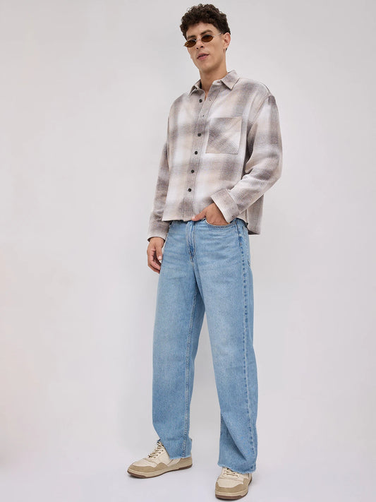 Beige Plaid Checks Boxy Fit Crop Shirt