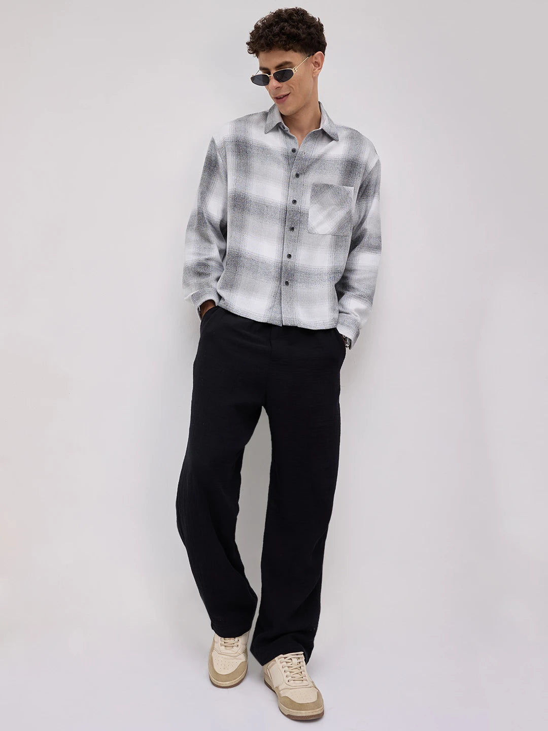 Grey & Black Crosshatch Plaid Checks Boxy Fit Crop Shirt